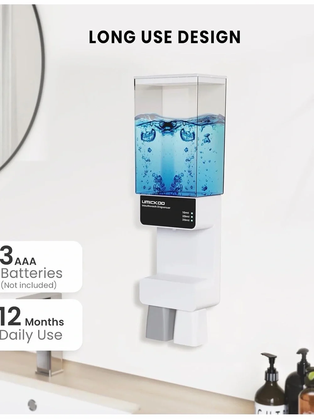 White Mouthwash Dispenser with Blue Reservoir